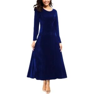 Women's Dark Royal Blue Elegant Long Sleeve Ruched Velvet Stretchy Long Dress